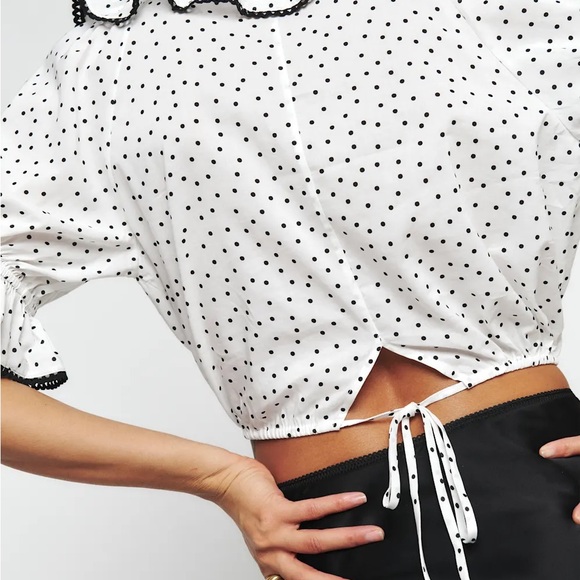 Reformation Cambri Polka Dot Ruffle Trim Blouse Size Medium - Picture 3 of 8